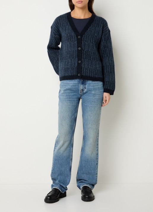Selected Alva grofgebreid vest in alpaca wolblend met streepprint - voorkant 3 indigo