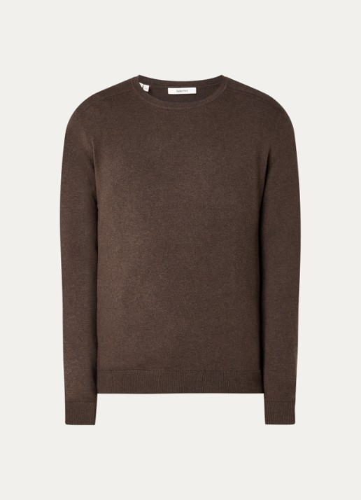 Selected Berg fijngebreide pullover met ronde hals - voorkant donkerbruin