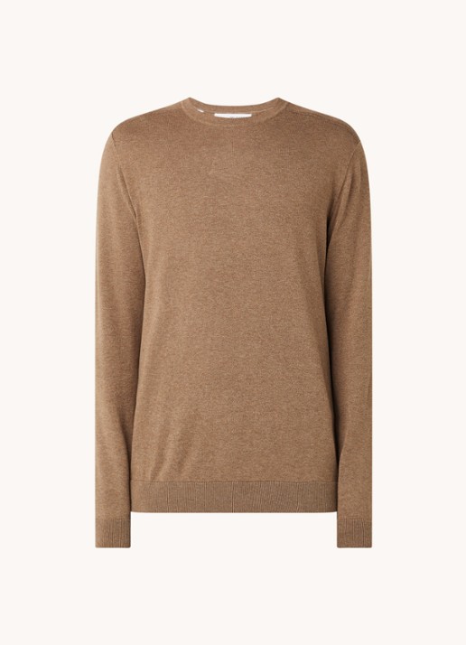 Selected Berg fijngebreide pullover met ronde hals - voorkant 2 lichtbruin