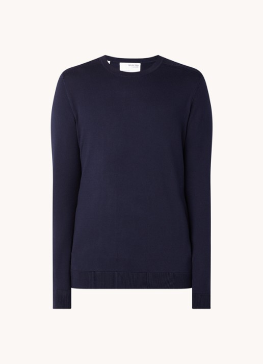 Selected Berg fijngebreide pullover met ronde hals - voorkant 3 donkerblauw
