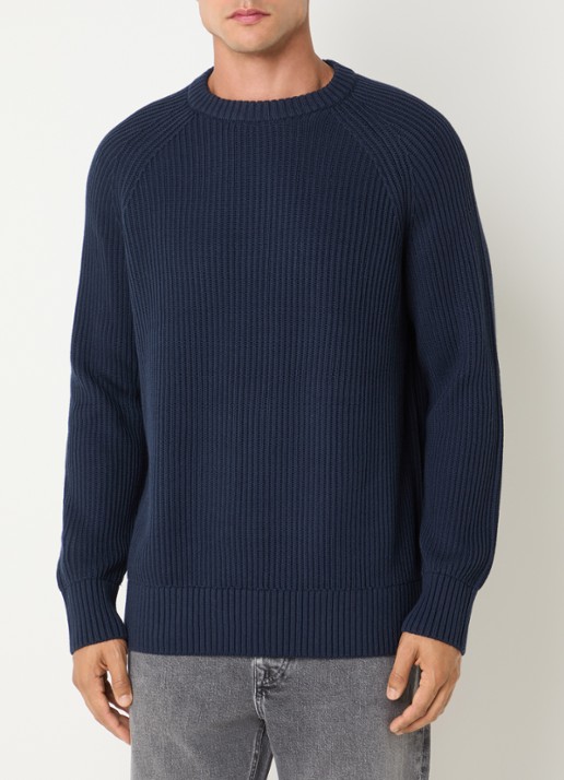 Selected Braun grofgebreide trui met ronde hals - detail donkerblauw