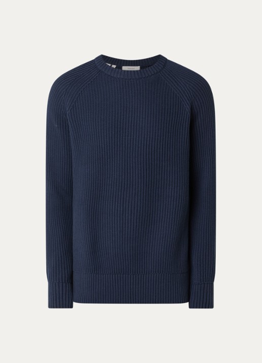 Selected Braun grofgebreide trui met ronde hals - voorkant 2 donkerblauw