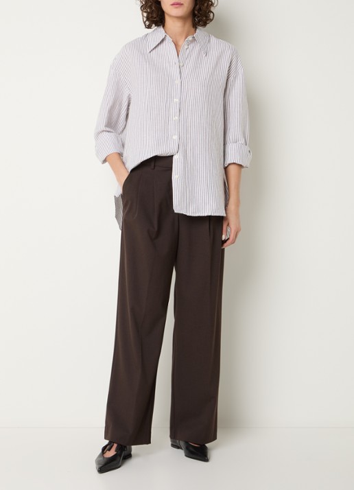 Selected Cleo oversized blouse in linnenblend met streepprint - voorkant 4 wit