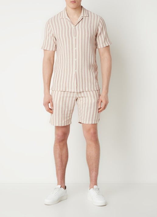 Selected Comfort Brody straight fit korte broek in  katoenblend met streepprint - voorkant 3 beige