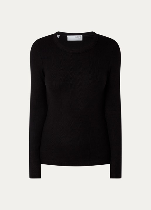 Selected Dianna longsleeve  met ribstructuur - voorkant zwart