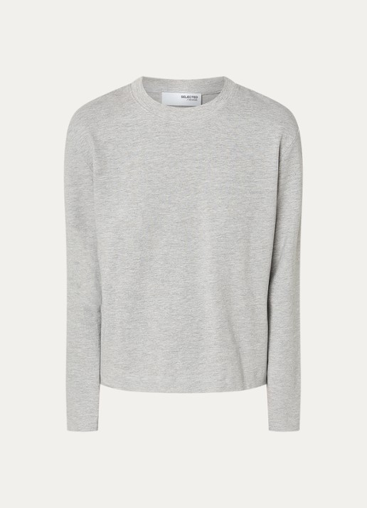Selected Essential longsleeve met ronde hals - voorkant grijsmele
