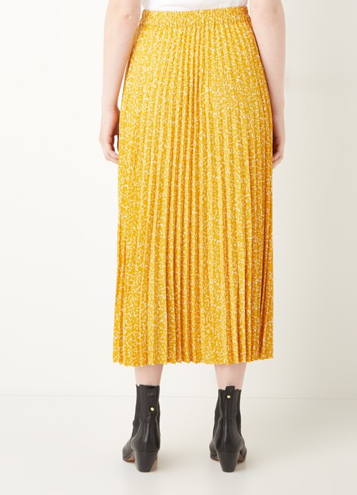 Selected Femme Alexis midi plooirok met print - achterkant okergeel