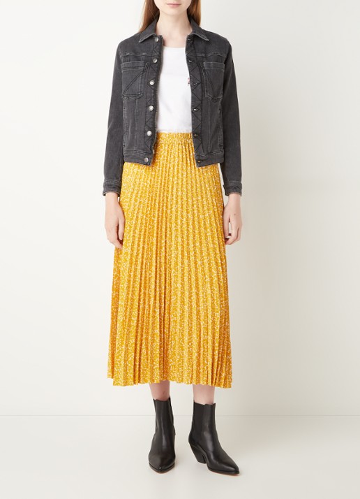 Selected Femme Alexis midi plooirok met print - voorkant 4 okergeel