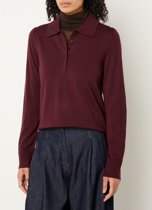 Selected Fijngebreide polo van merino wol - detail bordeauxrood