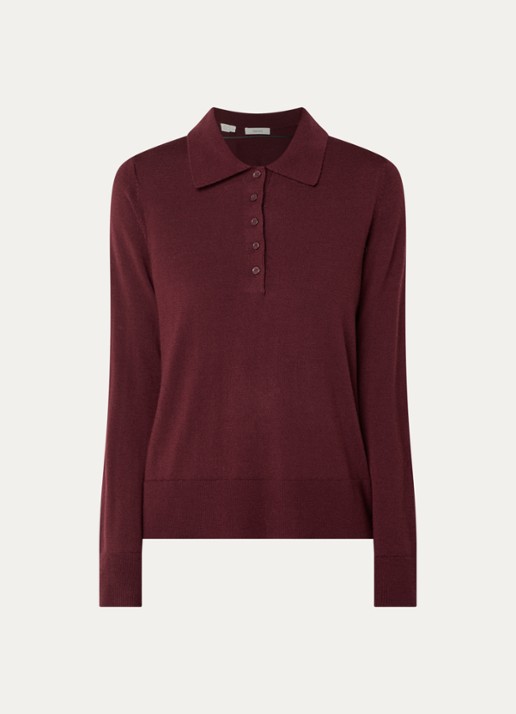 Selected Fijngebreide polo van merino wol - voorkant 3 bordeauxrood