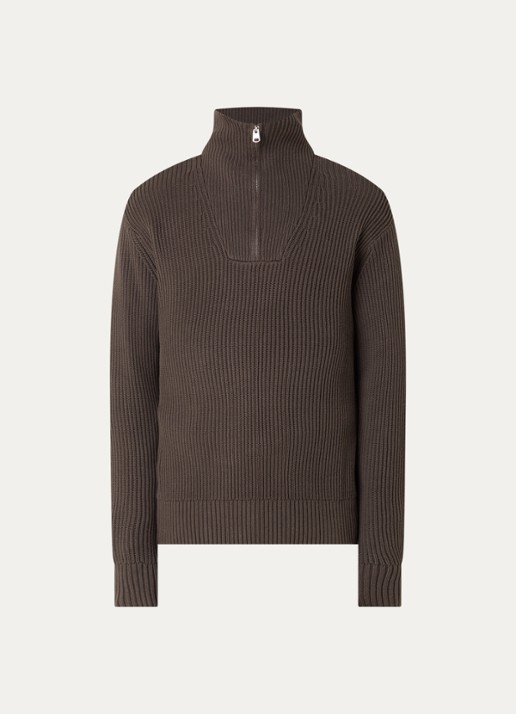 Selected Fijngebreide pullover met halve rits - voorkant 3 bruin
