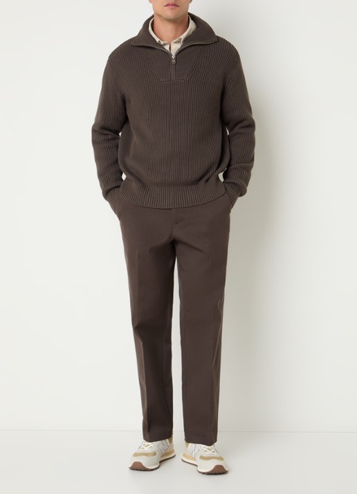 Selected Fijngebreide pullover met halve rits - voorkant 4 bruin