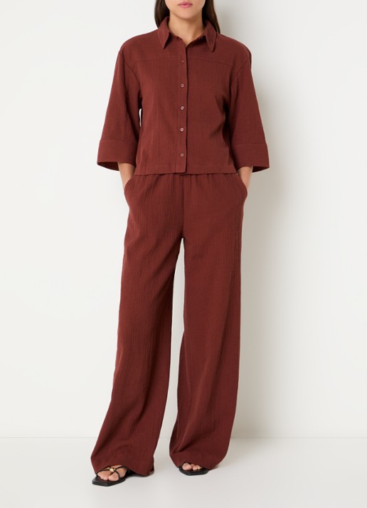 Selected Finnie high waist loose fit pantalon in linnenblend - voorkant 3 steenrood