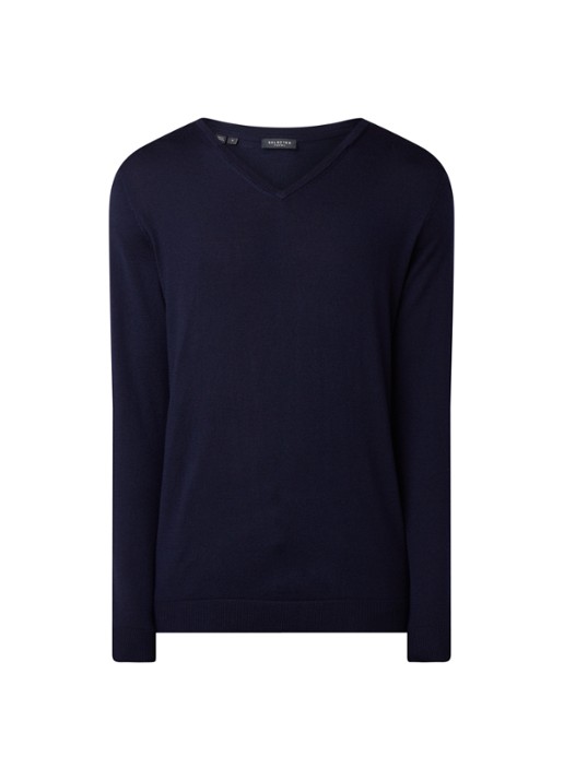 Selected Homme Tower fijngebreide pullover met V-hals  - voorkant 3 donkerblauw