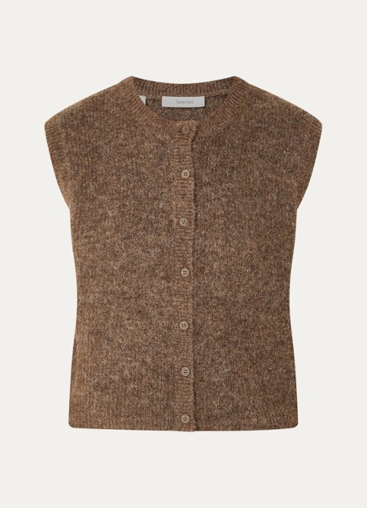 Selected Lulu fijngebreid gilet in wolblend met ronde hals - voorkant lichtbruin