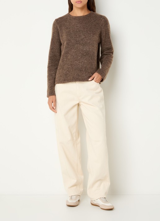 Selected Lulu fijngebreide pullover in wolblend met ronde hals - voorkant 2 lichtbruin