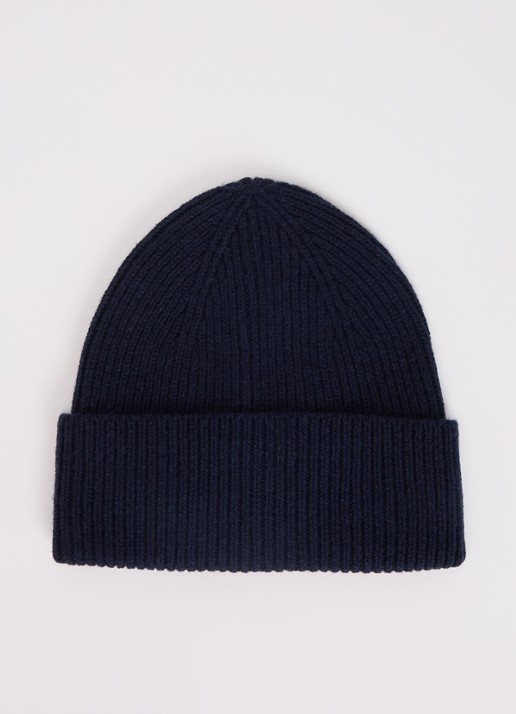 Selected Mason ribgebreide muts van merinowol - voorkant donkerblauw