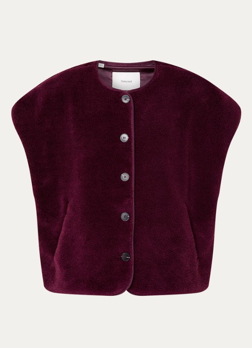 Selected Milla vest van teddy met steekzakken - voorkant 2 aubergine