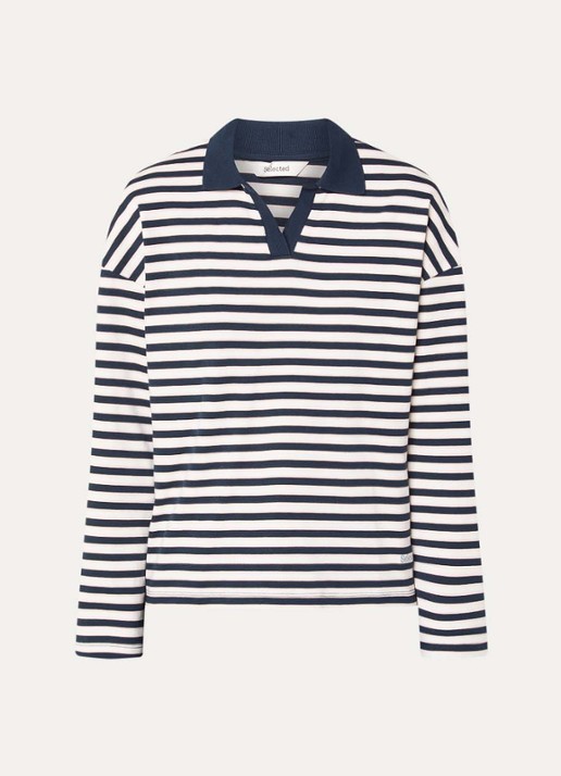 Selected Milly polo met streepprint en logo - voorkant 2 donkerblauw