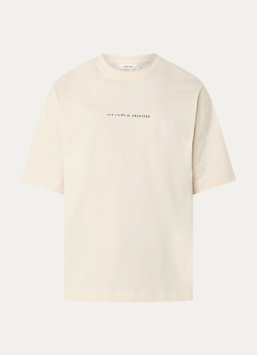 Selected Norman T-shirt met logo- en backprint - voorkant beige