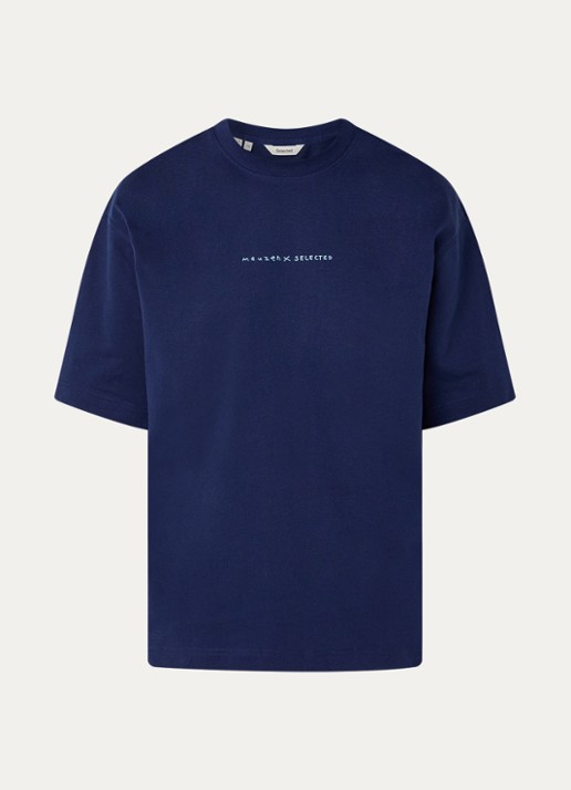 Selected Norman T-shirt met logo- en backprint - voorkant 3 donkerblauw