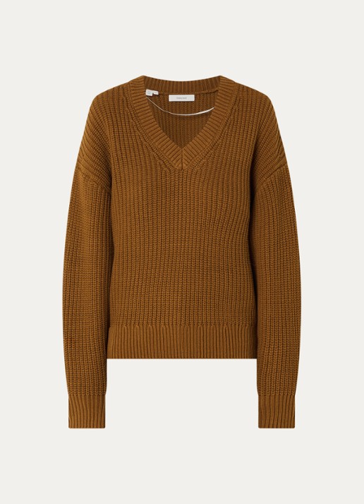 Selected Selma grofgebreide trui met V-hals - voorkant cognac