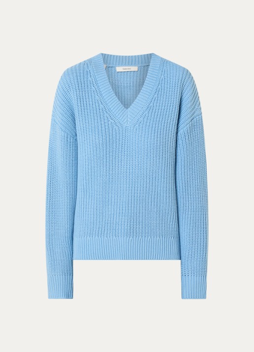 Selected Selma grofgebreide trui met V-hals - voorkant 2 blauw