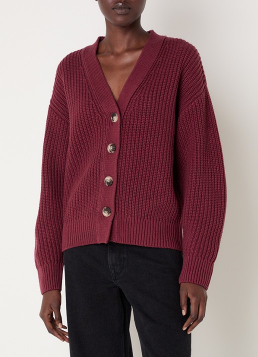 Selected Selma ribgebreid vest met V-hals - detail bordeauxrood