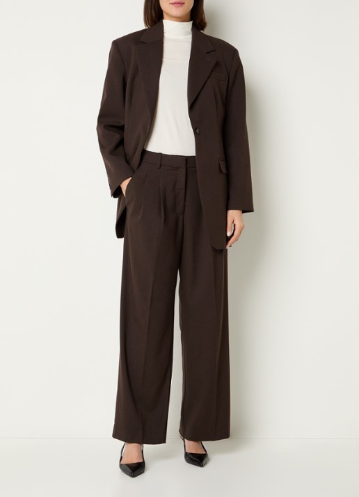 Selected Sienna oversized blazer in wolblend met strikceintuur - voorkant 3 bruin