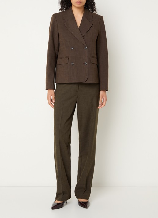 Selected Signe high waist straight fit pantalon met ruitdessin en paspelzakken - voorkant 3 chocoladebruin