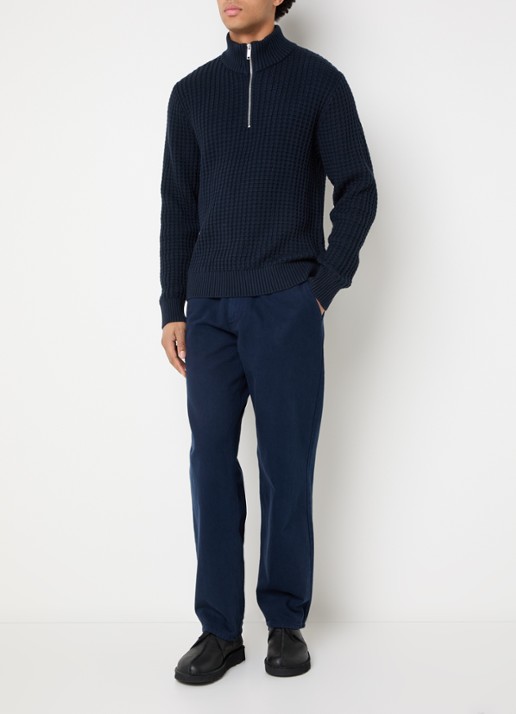 Selected Tom fijngebreide trui met halve rits - voorkant 3 donkerblauw