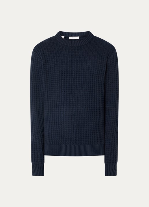 Selected Tom fijngebreide trui met structuur - voorkant 3 donkerblauw