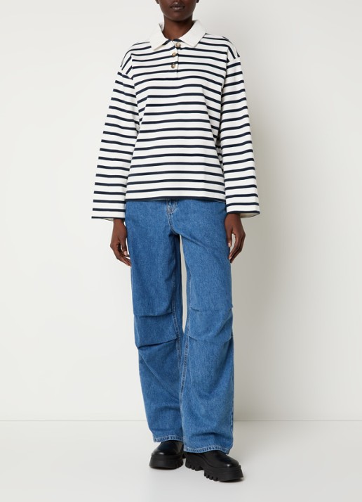 Selected Wada top met streepprint en polokraag - voorkant 3 blauw