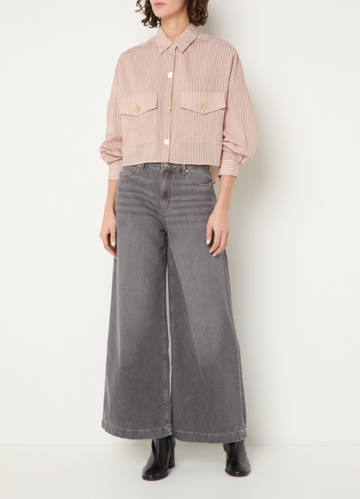 Sessùn Balanca blouse met streepprint en klepzakken - voorkant 2 zalmroze