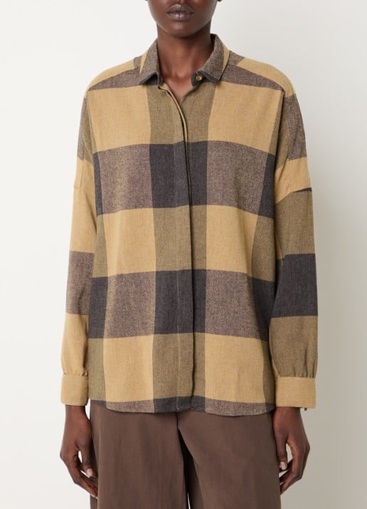 Sessùn Deliwool blouse in wolblend met ruitdessin - detail 2 camel