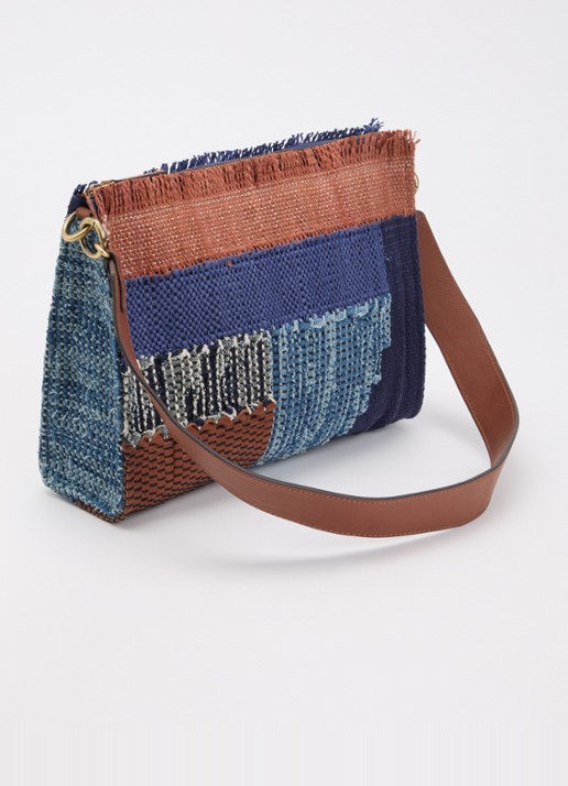 Sessùn Farawa Blue schoudertas van raffia met details van leer - achterkant 3 denim