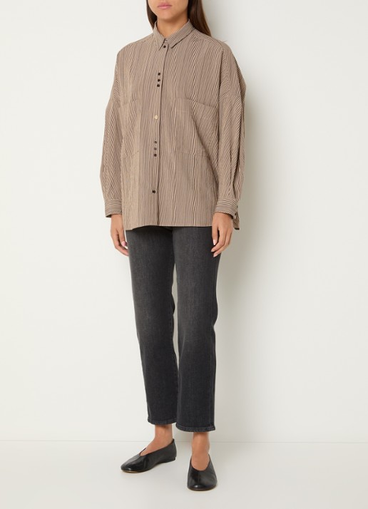 Sessùn Fontania blouse met streepprint - voorkant 2 donkerbeige