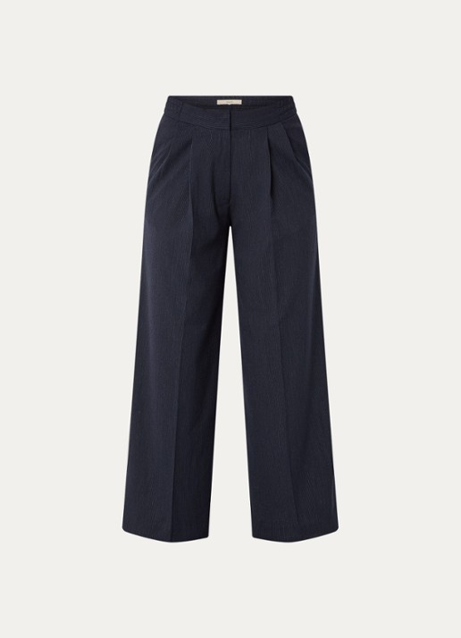 Sessùn High waist wide fit pantalon met plooidetail en krijtstreep - voorkant donkerblauw