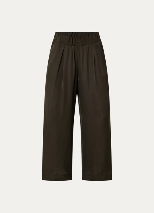 Sessùn Isla mid waist wide fit broek van satijn met steekzakken - voorkant bronsgroen