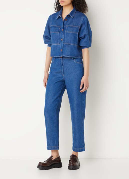 Sessùn Leone blouse van denim met opgestikte zakken - voorkant 4 indigo
