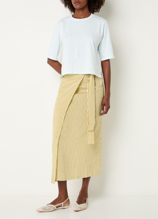 Sessùn Love St midi rok met streepprint en strikceintuur - voorkant 3 mosterd