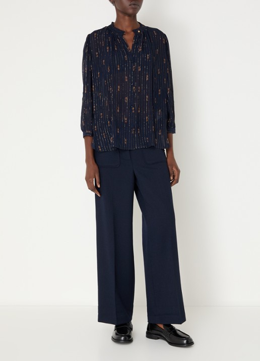 Sessùn Lylee semi-transparante blouse met print en lurex - voorkant 4 donkerblauw