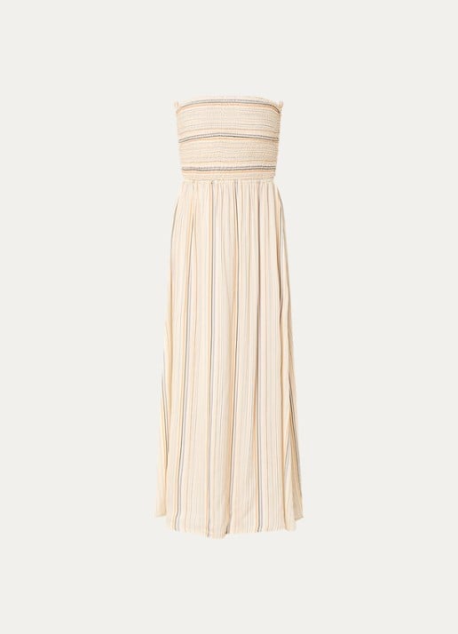 Sessùn Milisole midi jurk met streepprint en smockwerk - voorkant 3 beige