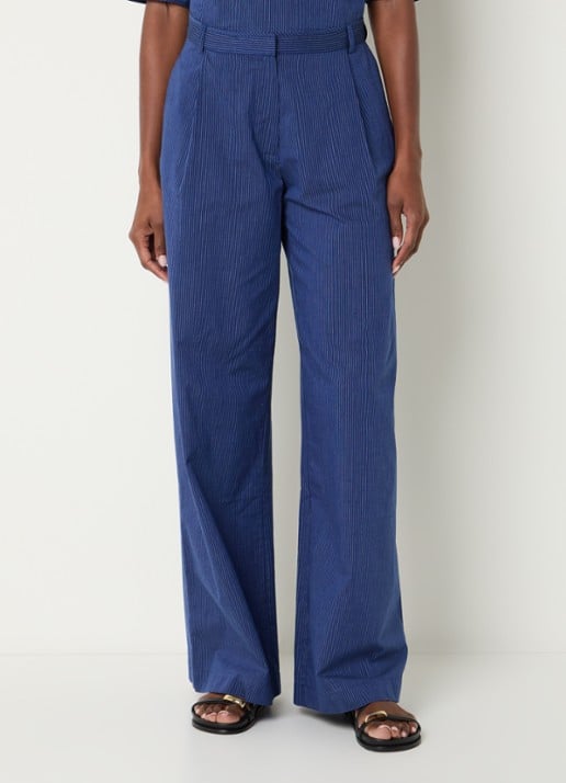 Sessùn Provencia high waist straight fit pantalon met streepprint - detail donkerblauw