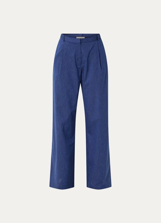Sessùn Provencia high waist straight fit pantalon met streepprint - voorkant 3 donkerblauw