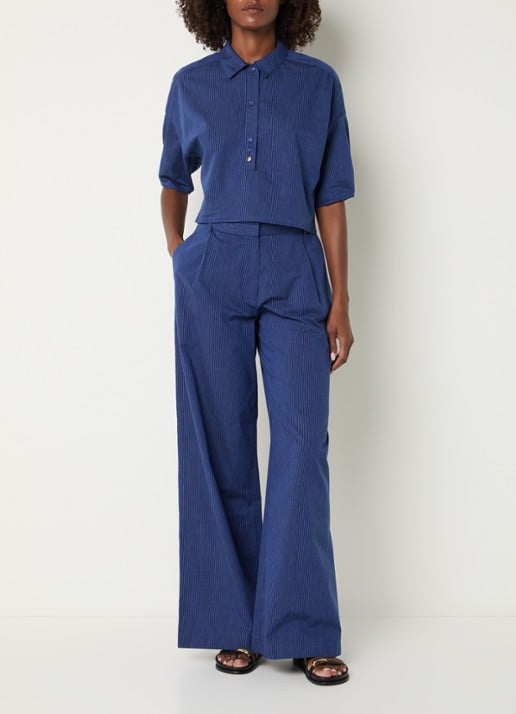 Sessùn Provencia high waist straight fit pantalon met streepprint - voorkant 4 donkerblauw