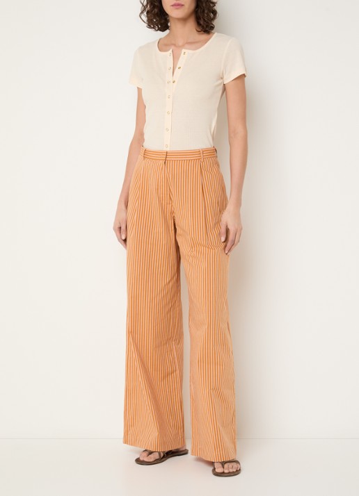 Sessùn Provencia high waist wide fit broek met streepprint - voorkant 3 oranje