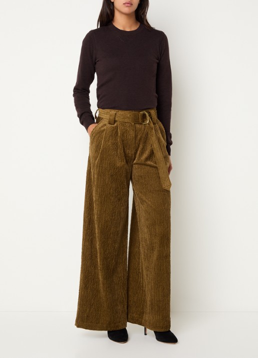 Sessùn Rivel high waist wide fit pantalon van corduroy - voorkant 2 lichtbruin
