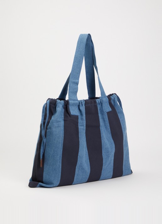 Sessùn Titoo shopper van denim met streepprint en logoborduring - achterkant blauw