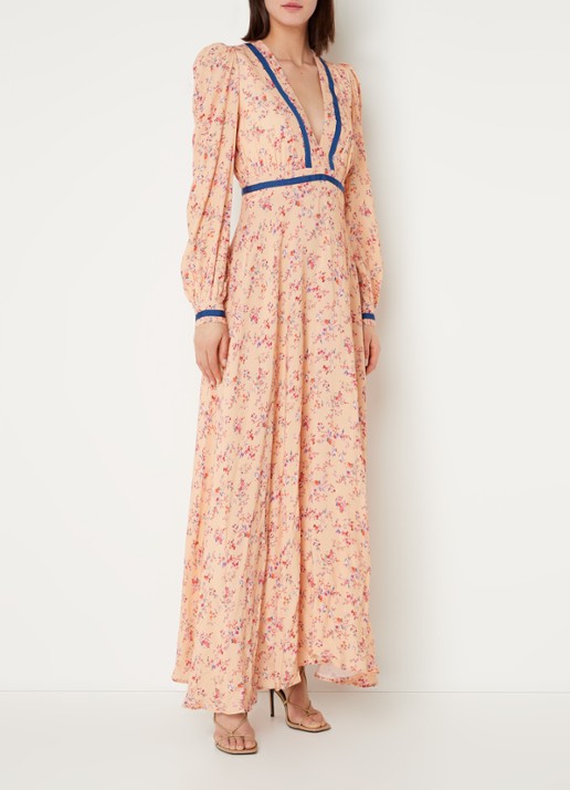 Silvian Heach Maxi jurk met bloemenprint en V-hals - detail zalmroze